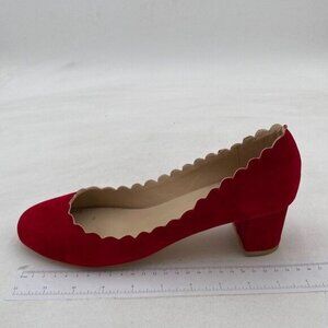 FSJ Wine Red Closed Almond Round Toe Pumps Block Chunky Mid Low Heel Shoes